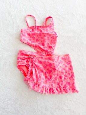 Cat & Jack Pink Leopard One Shoulder Swimsuit w/ Cover-Up Set Girls Size 6/7